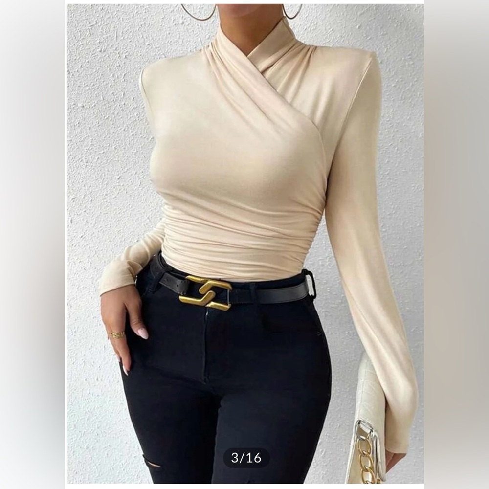 Commense Cross-Over Collar Cinched Long Sleeve Top | Size M | NWT